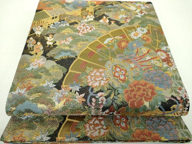 平和屋着物▼全通柄袋帯　檜扇鼓花文　人物風景文　金糸　正絹　逸品　未使用　DABG8783ps