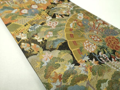 平和屋着物▼全通柄袋帯　檜扇鼓花文　人物風景文　金糸　正絹　逸品　未使用　DABG8783ps