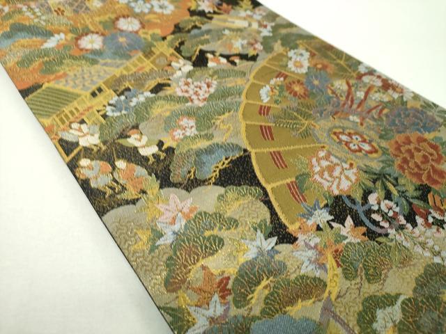 平和屋着物▼全通柄袋帯　檜扇鼓花文　人物風景文　金糸　正絹　逸品　未使用　DABG8783ps