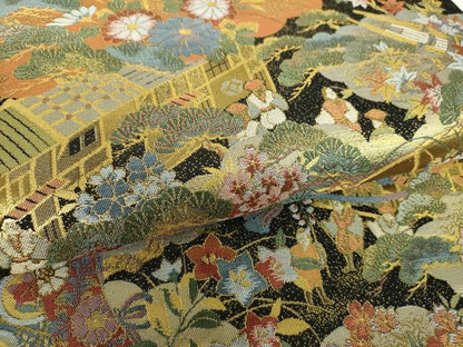 平和屋着物▼全通柄袋帯　檜扇鼓花文　人物風景文　金糸　正絹　逸品　未使用　DABG8783ps