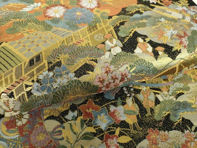 平和屋着物▼全通柄袋帯　檜扇鼓花文　人物風景文　金糸　正絹　逸品　未使用　DABG8783ps