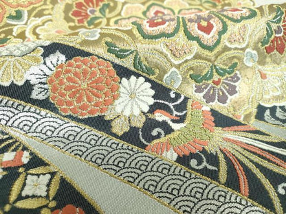 平和屋着物▼西陣　高島織物謹製　六通柄袋帯　華文にのしの舞い　金彩本金　証紙付き　正絹　逸品　未使用　DABG8807ps