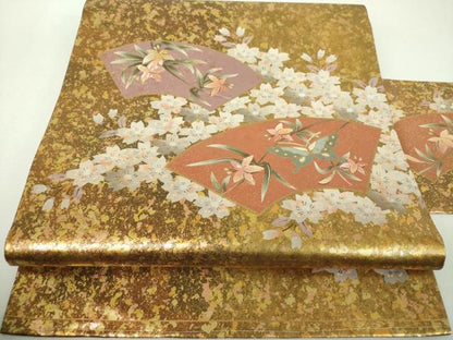 平和屋着物▼九寸名古屋帯　螺鈿箔　地紙舞蝶桜花文　金彩　引箔　正絹　逸品　未使用　DABG8878ps