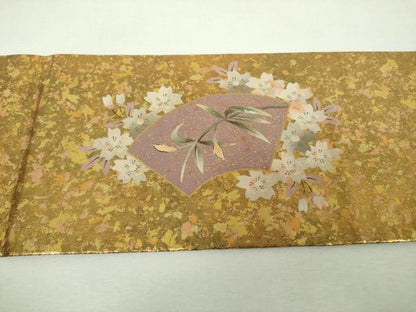 平和屋着物▼九寸名古屋帯　螺鈿箔　地紙舞蝶桜花文　金彩　引箔　正絹　逸品　未使用　DABG8878ps