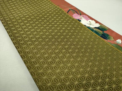 平和屋着物▼二代目清次郎　手描き　全通柄袋帯　草花間道　麻の葉文様　金通し地　正絹　逸品　未使用　DABG8897ps