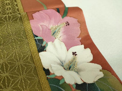 平和屋着物▼二代目清次郎　手描き　全通柄袋帯　草花間道　麻の葉文様　金通し地　正絹　逸品　未使用　DABG8897ps