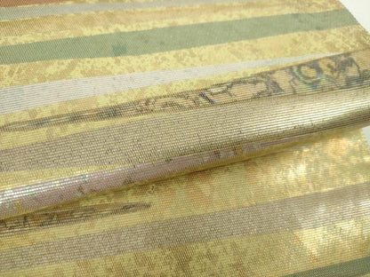 平和屋着物▼袋帯　螺鈿箔　横段文　金銀彩　引箔　正絹　逸品　DABG8904ps