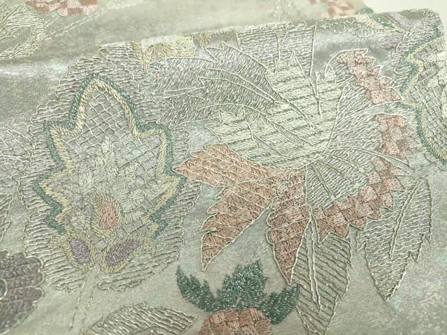 平和屋着物▼太鼓柄袋帯　総刺繍　更紗花文　金銀糸　引箔　正絹　逸品　未使用　DABG8915ps