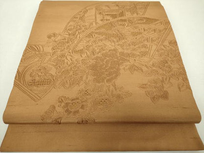平和屋着物●中国三大刺繍 スワトウ 汕頭相良刺繍 総刺繍 九寸開き名古屋帯 紬地 地紙貝桶飛鶴花文 芝翫茶色 正絹 逸品 DABG8932ps