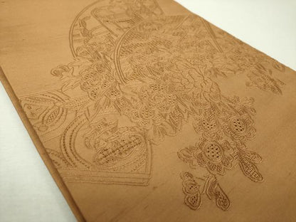 平和屋着物●中国三大刺繍 スワトウ 汕頭相良刺繍 総刺繍 九寸開き名古屋帯 紬地 地紙貝桶飛鶴花文 芝翫茶色 正絹 逸品 DABG8932ps