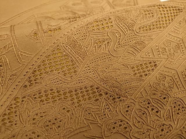 平和屋着物●中国三大刺繍 スワトウ 汕頭相良刺繍 総刺繍 九寸開き名古屋帯 紬地 地紙貝桶飛鶴花文 芝翫茶色 正絹 逸品 DABG8932ps