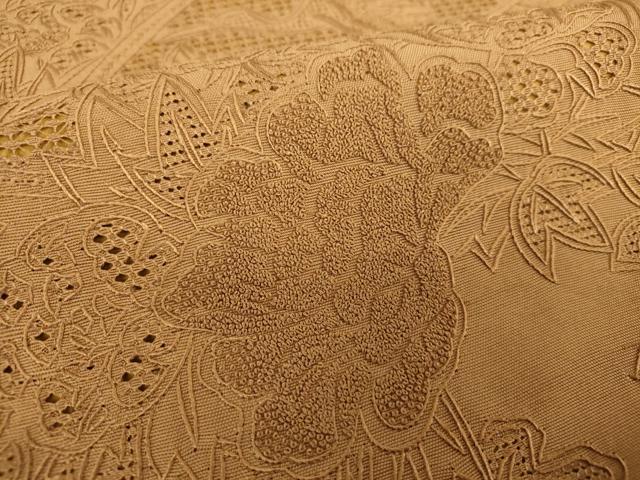 平和屋着物●中国三大刺繍 スワトウ 汕頭相良刺繍 総刺繍 九寸開き名古屋帯 紬地 地紙貝桶飛鶴花文 芝翫茶色 正絹 逸品 DABG8932ps