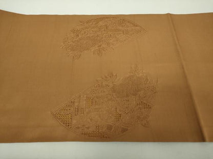 平和屋着物●中国三大刺繍 スワトウ 汕頭相良刺繍 総刺繍 九寸開き名古屋帯 紬地 地紙貝桶飛鶴花文 芝翫茶色 正絹 逸品 DABG8932ps