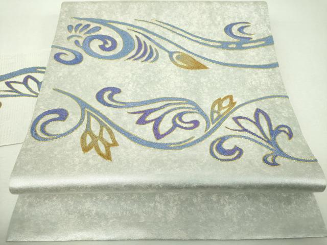 平和屋着物▼中国三大刺繍　相良刺繍　総刺繍　九寸名古屋帯　駒刺繍　花唐草文　金彩　銀糸　引箔　長尺　正絹　逸品　DABG8960ps