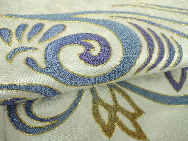 平和屋着物▼中国三大刺繍　相良刺繍　総刺繍　九寸名古屋帯　駒刺繍　花唐草文　金彩　銀糸　引箔　長尺　正絹　逸品　DABG8960ps