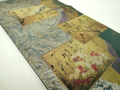 平和屋着物▼太鼓柄袋帯　螺鈿箔　詩歌　道長吉祥花文　金銀彩　引箔　正絹　逸品　DABG8973ps