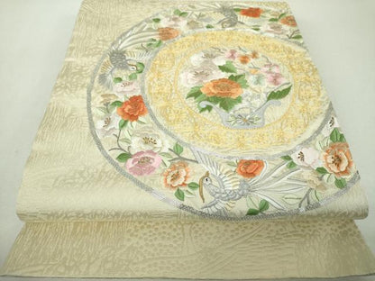 平和屋着物▼太鼓柄袋帯　駒刺繍　総刺繍　鳳凰飾花丸文　金銀糸　正絹　逸品　DABG8977ps