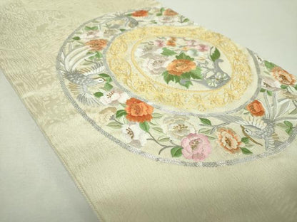 平和屋着物▼太鼓柄袋帯　駒刺繍　総刺繍　鳳凰飾花丸文　金銀糸　正絹　逸品　DABG8977ps