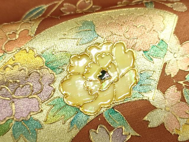 平和屋着物▼西陣　太鼓柄袋帯　螺鈿　枝垂れ桜　地紙花文　金銀彩　引箔　正絹　逸品　DABG8984ps