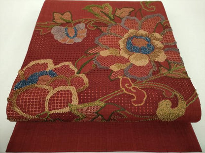 平和屋着物●中国三大刺繍　スワトウ相良刺繍　汕頭相良刺繍　総刺繍　太鼓柄袋帯　紬地　更紗花文　金糸　正絹　逸品　DABG8992ps