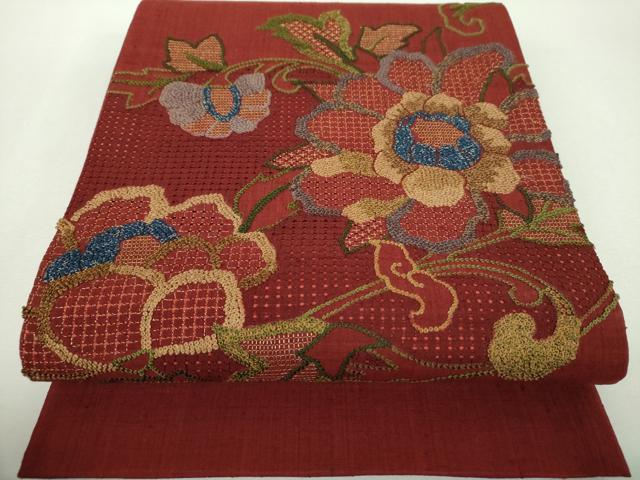 平和屋着物●中国三大刺繍　スワトウ相良刺繍　汕頭相良刺繍　総刺繍　太鼓柄袋帯　紬地　更紗花文　金糸　正絹　逸品　DABG8992ps