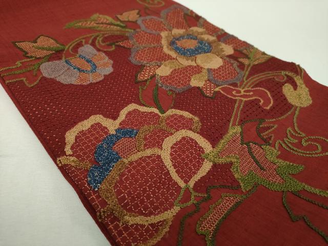 平和屋着物●中国三大刺繍　スワトウ相良刺繍　汕頭相良刺繍　総刺繍　太鼓柄袋帯　紬地　更紗花文　金糸　正絹　逸品　DABG8992ps