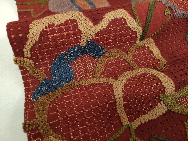 平和屋着物●中国三大刺繍　スワトウ相良刺繍　汕頭相良刺繍　総刺繍　太鼓柄袋帯　紬地　更紗花文　金糸　正絹　逸品　DABG8992ps