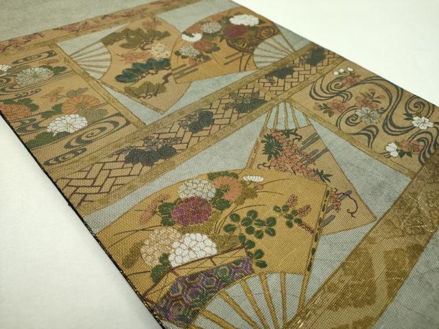 平和屋着物▼太鼓柄袋帯　螺鈿箔　流水桜　扇面花文　金銀彩　正絹　逸品　DABG8994ps