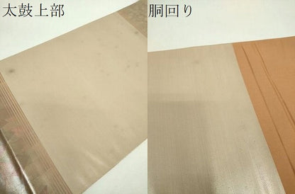 平和屋着物▼太鼓柄袋帯　螺鈿箔　地紙花鳥文　金銀彩　引箔　正絹　逸品　DABG8995ps