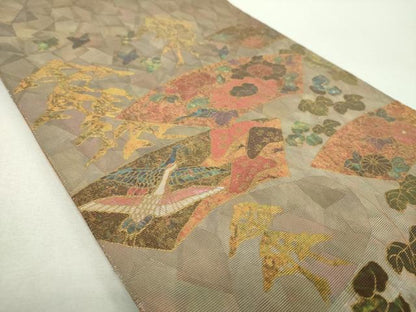 平和屋着物▼太鼓柄袋帯　螺鈿箔　地紙花鳥文　金銀彩　引箔　正絹　逸品　DABG8995ps