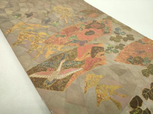 平和屋着物▼太鼓柄袋帯　螺鈿箔　地紙花鳥文　金銀彩　引箔　正絹　逸品　DABG8995ps