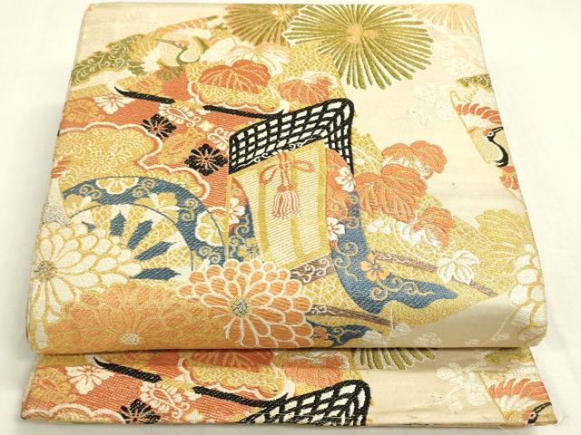 平和屋着物◎アンティーク　大正ロマン　丸帯　色紙御所車花鳥文　金糸　正絹　逸品　DABG9005we