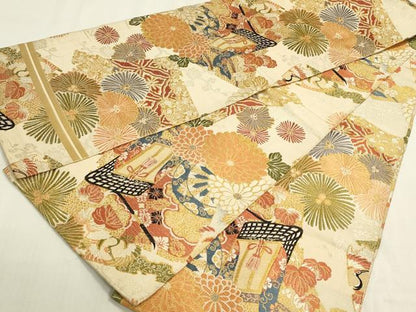 平和屋着物◎アンティーク　大正ロマン　丸帯　色紙御所車花鳥文　金糸　正絹　逸品　DABG9005we