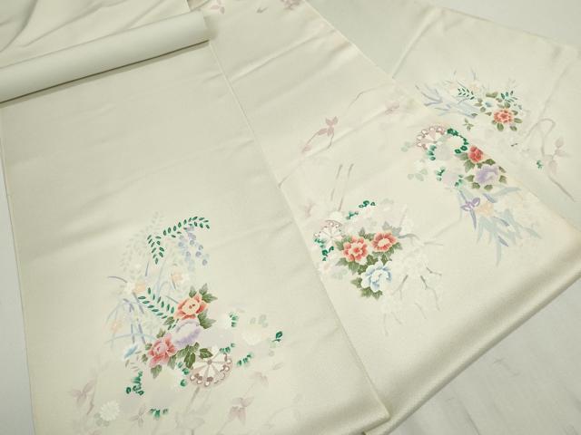 平和屋着物▼付下げ　反物　着尺　刺繍　花車文　逸品　未使用　DABG9071we