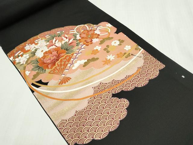 平和屋着物▼黒留袖　解き反物　着尺　駒刺繍　檜扇花松文　金彩　逸品　DABG9094we