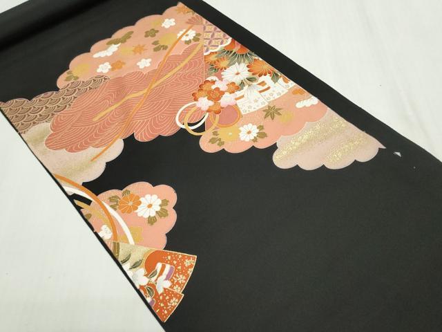 平和屋着物▼黒留袖　解き反物　着尺　駒刺繍　檜扇花松文　金彩　逸品　DABG9094we