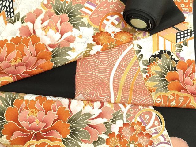 平和屋着物▼黒留袖　解き反物　着尺　駒刺繍　檜扇花松文　金彩　逸品　DABG9094we