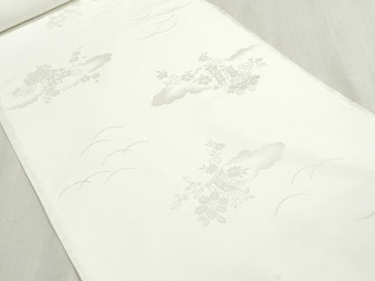 平和屋着物▼長襦袢　白生地　反物　着尺　紋綸子　雲取り几帳花地紋　生成り色　特許証付き　逸品　未使用　DABG9181we