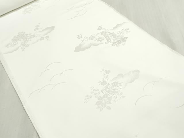 平和屋着物▼長襦袢　白生地　反物　着尺　紋綸子　雲取り几帳花地紋　生成り色　特許証付き　逸品　未使用　DABG9181we