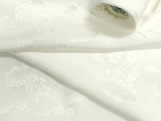 平和屋着物▼長襦袢　白生地　反物　着尺　紋綸子　雲取り几帳花地紋　生成り色　特許証付き　逸品　未使用　DABG9181we