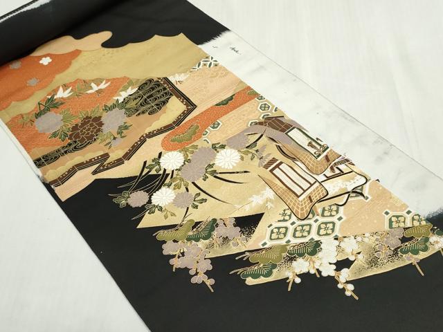 平和屋着物▼黒留袖　解き反物　着尺　駒刺繍　御所車吉祥花文　金彩　逸品　DABG9201we