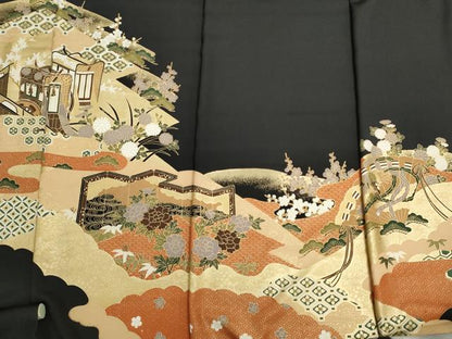 平和屋着物▼黒留袖　解き反物　着尺　駒刺繍　御所車吉祥花文　金彩　逸品　DABG9201we