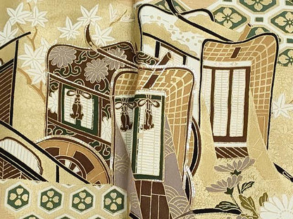 平和屋着物▼黒留袖　解き反物　着尺　駒刺繍　御所車吉祥花文　金彩　逸品　DABG9201we