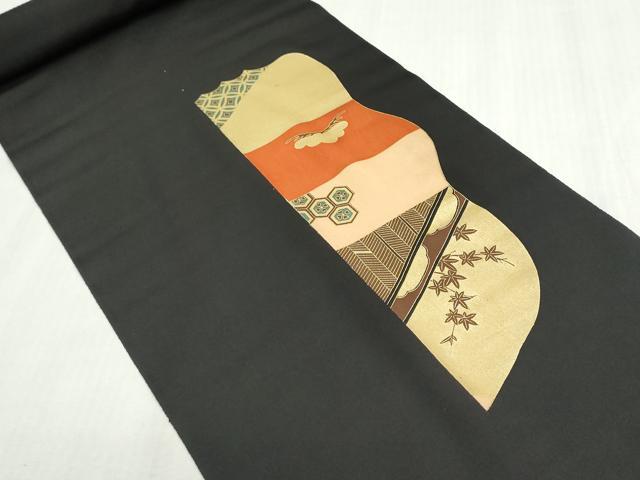 平和屋着物▼黒留袖　解き反物　着尺　駒刺繍　御所車吉祥花文　金彩　逸品　DABG9201we