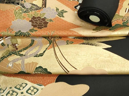 平和屋着物▼黒留袖　解き反物　着尺　駒刺繍　御所車吉祥花文　金彩　逸品　DABG9201we