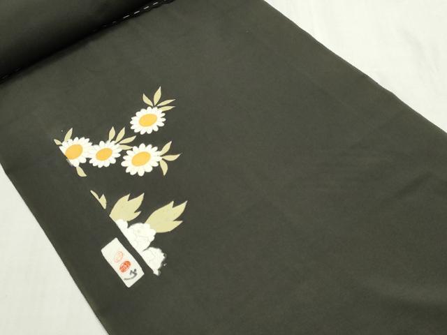 平和屋着物▼黒留袖　解き反物　着尺　駒刺繍　渡橋吉祥花松文　金彩　逸品　DABG9210we