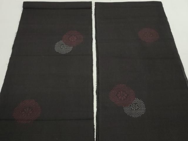 平和屋着物▼紬　解き反物　着尺　裁断済　花丸文　黒地　逸品　DABG9218we