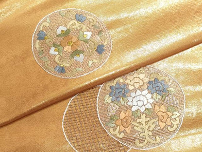 平和屋着物▼名古屋帯　帯反物　総刺繍　花丸文　金糸　逸品　未使用　DABG9293we