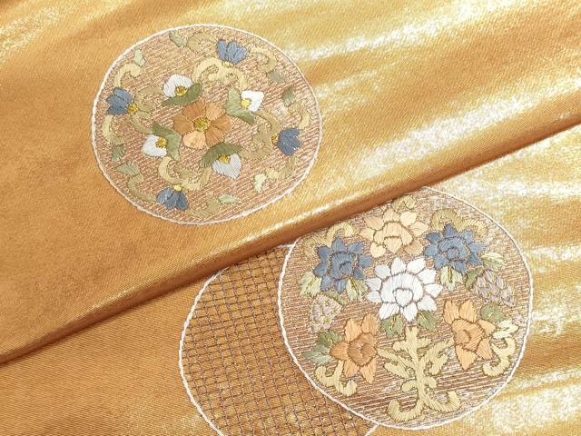 平和屋着物▼名古屋帯　帯反物　総刺繍　花丸文　金糸　逸品　未使用　DABG9293we