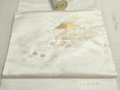 平和屋着物▼名古屋帯　帯反物　寿光織　風景花松文　金銀糸　逸品　未使用　DABG9403we
